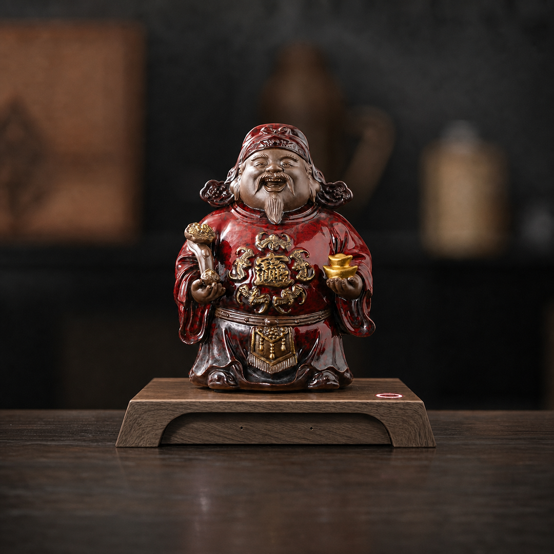 Caishen AI figurine in red and gold robes, holding gold ingots on a wooden base