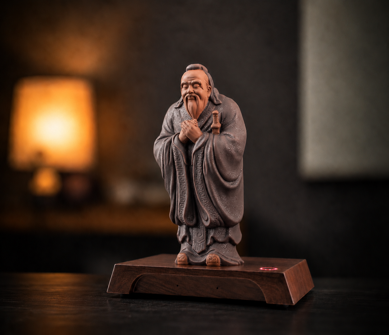 Confucius AI figurine in long robes, with hands clasped before his chest, standing on a dark wooden base
