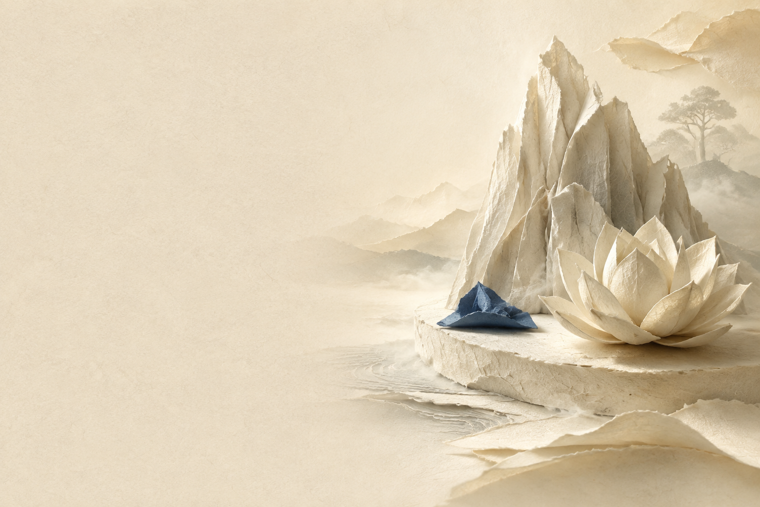Paper mountains and a lotus-inspired sculpture