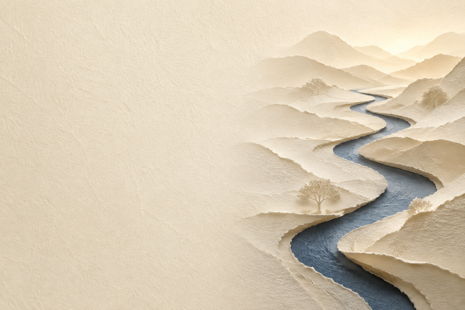 An indigo stream crossing three paper terraces toward the light