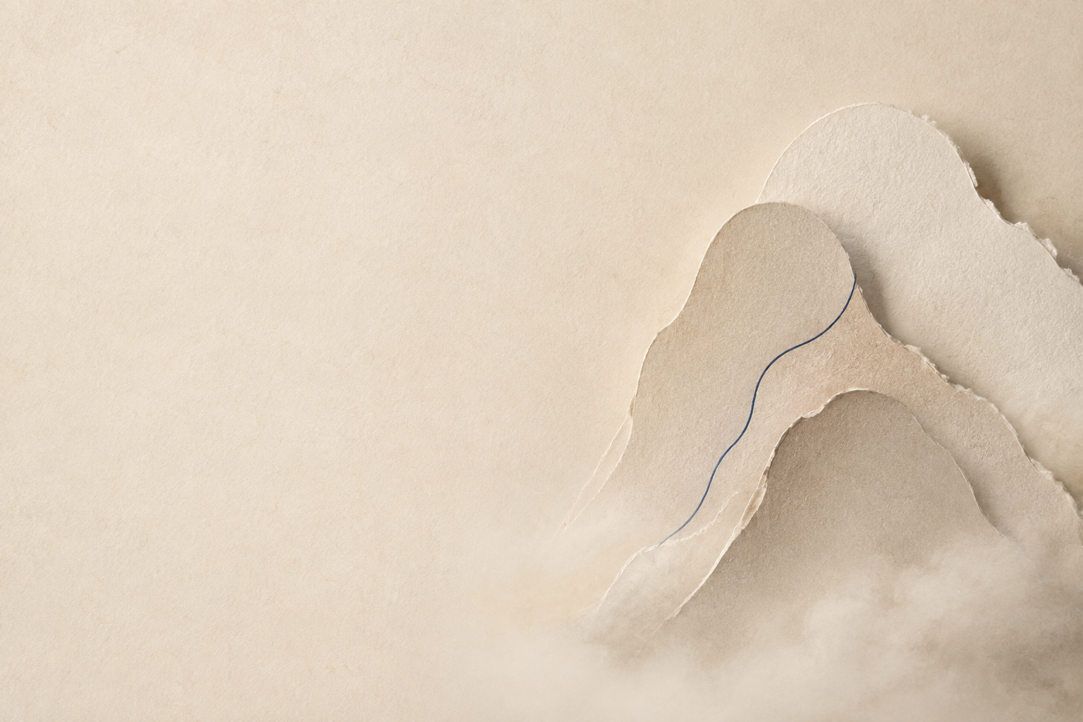 An indigo thread through layered paper mountains, with space for reflection