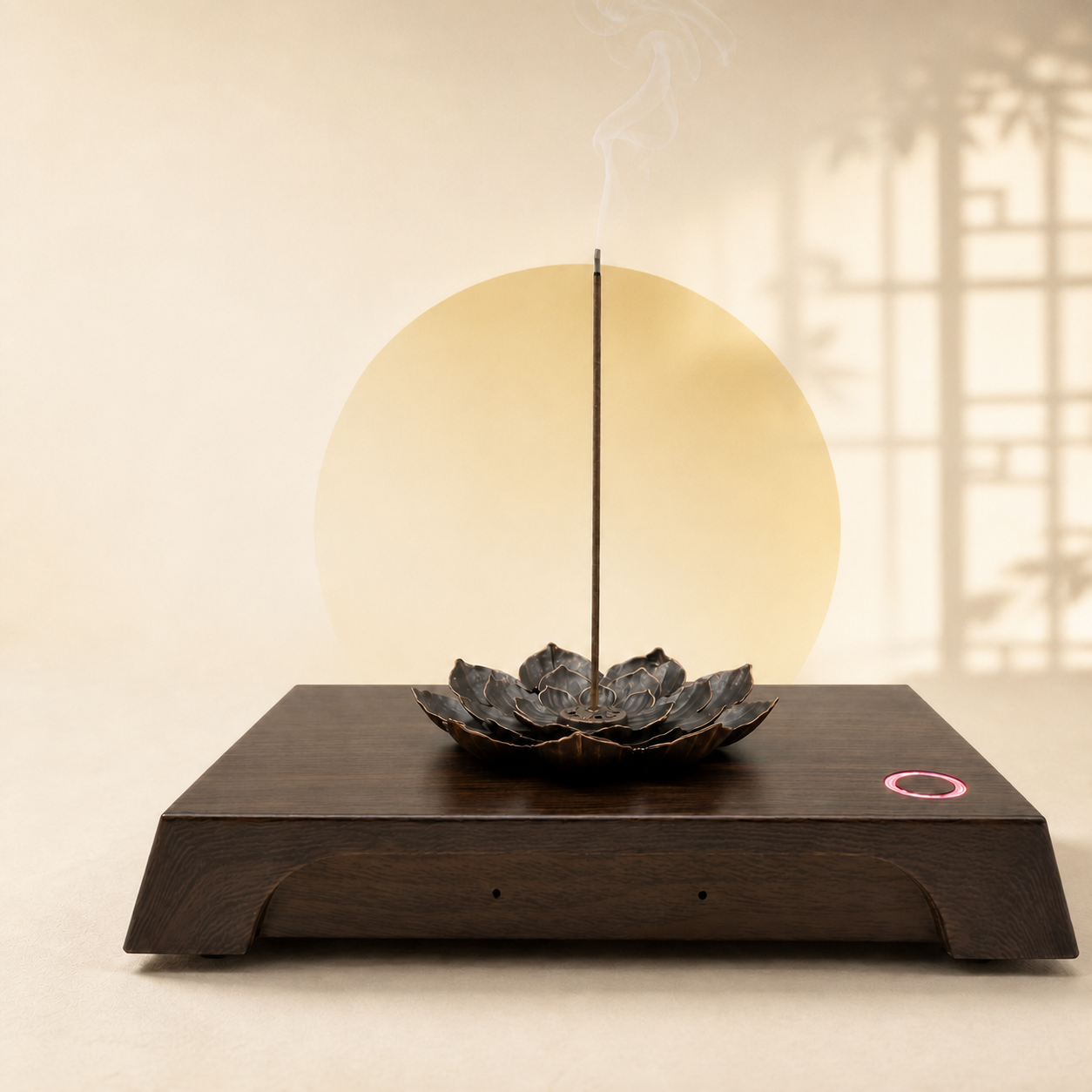 AI Pioneer meditation device with a lotus-shaped incense holder and incense stick on a wooden base