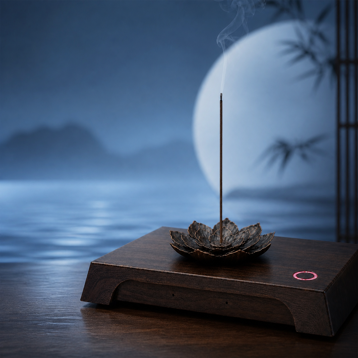 AI Pioneer meditation device with a lotus-shaped incense holder on a wooden base against a blue moonlit backdrop