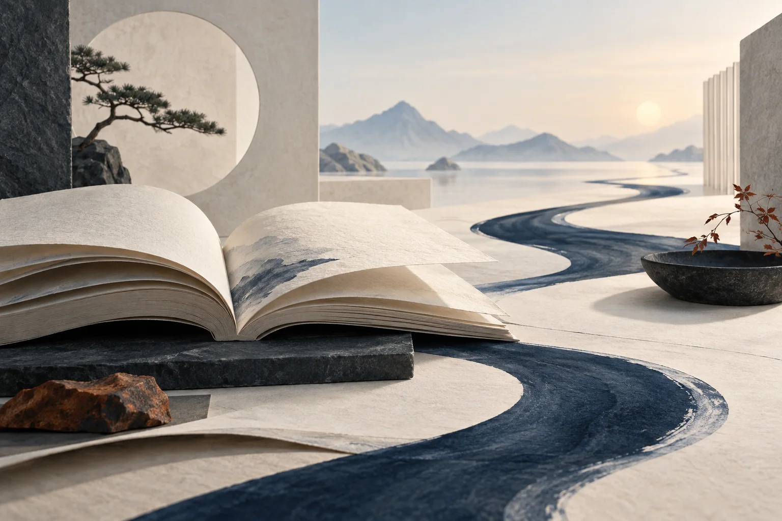 An open book and indigo stream representing the sources of an evolving philosophy