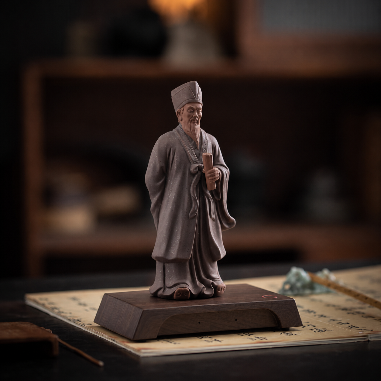 Wang Yangming AI figurine in long robes, holding a scroll and standing on a dark wooden base