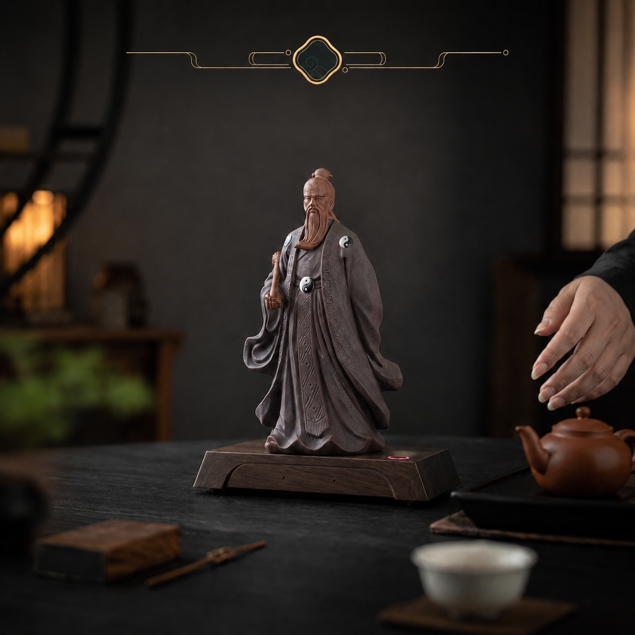 Zhang Sanfeng AI figurine in Taoist robes with yin-yang motifs, standing on a dark wooden base